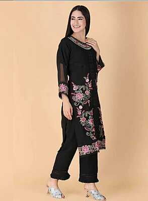 Resham Embroidered On Georgette Kurta With Lacework Dupatta | PNL-BL1